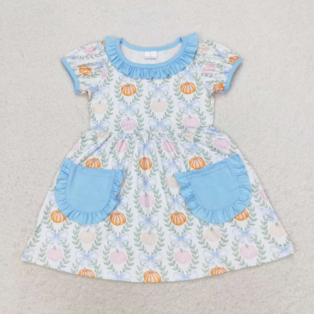 GSD1269 Pumpkin Bows Print Pockets Girls Fall Ruffle Knee Length Dress