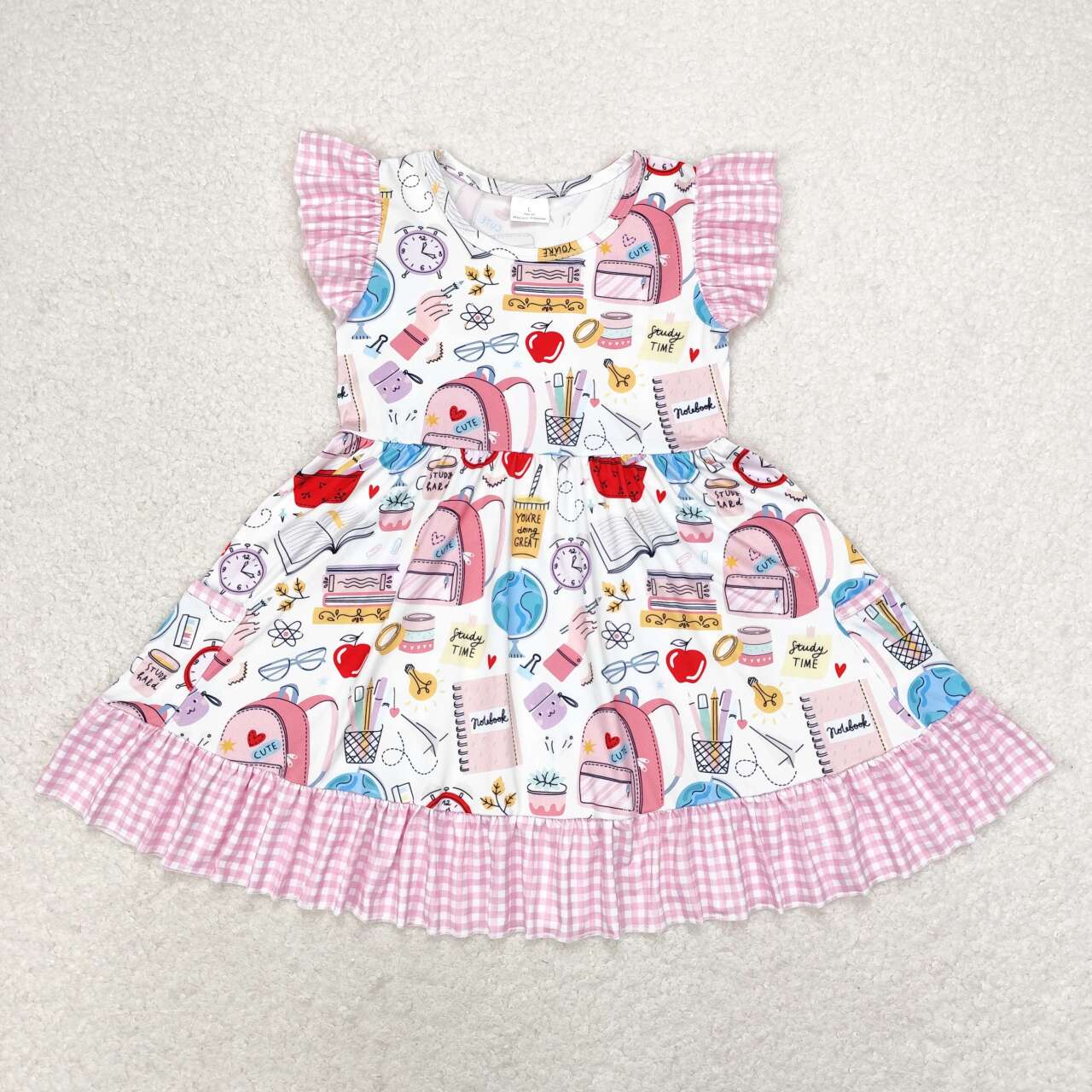 GSD1304 Pen Apple Book Rule Girls Flutter Sleeve Back to School Dress