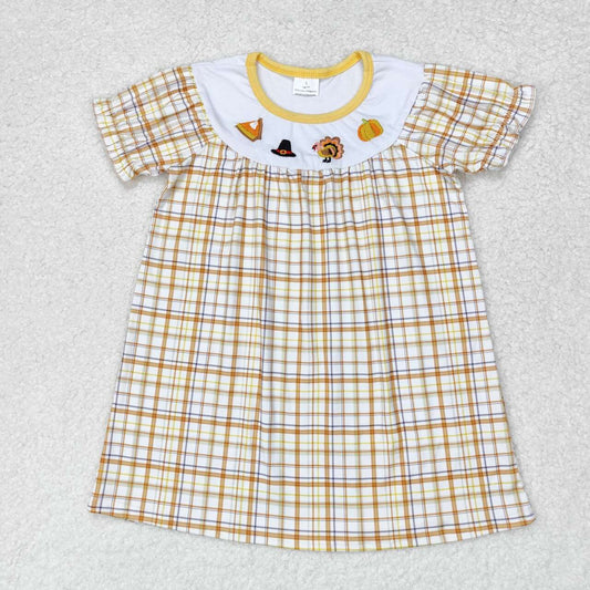GSD1322 Turkey Pie Pumpkin Embroidery Checkered Girls Thanksgiving Knee Length Dress