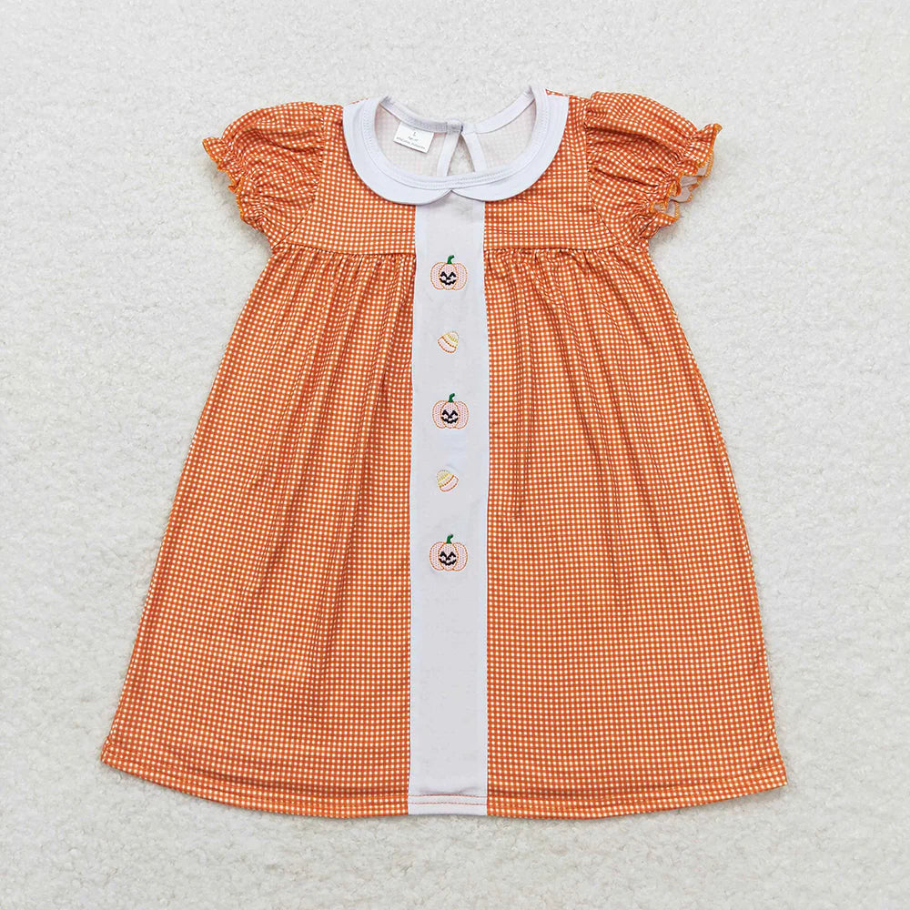 Baby Girls Pumpkin Candy Orange Checkered Sibling Rompers Dresses