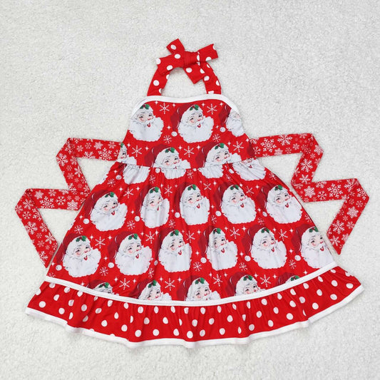 GSD1345 Santa Red Print Girls Christmas Knee Length Halter Dress