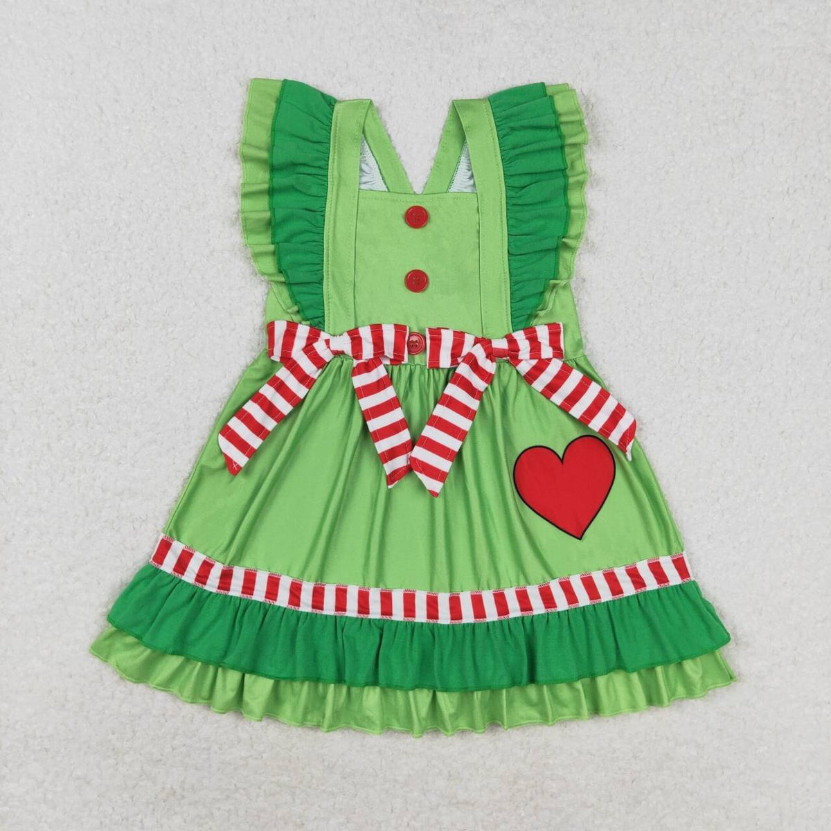GSD1356 Heart Print Green Rufles Girls Christmas Knee Length Dress