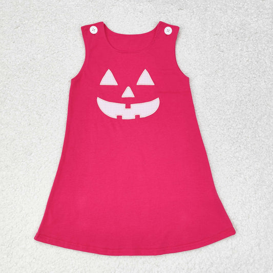 GSD1361 Smiling Face Embroidery Hot Pink Cotton Girls Halloween Knee Length Dress