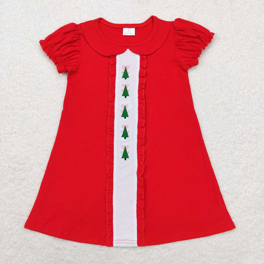 GSD1374 Tree Embroidery Red Cotton Girls Christmas Knee Length Ruffle Dress