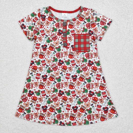 GSD1403 Cartoon Mouse Cookies Pocket Checkered Print Girls Christmas Knee Length Dress