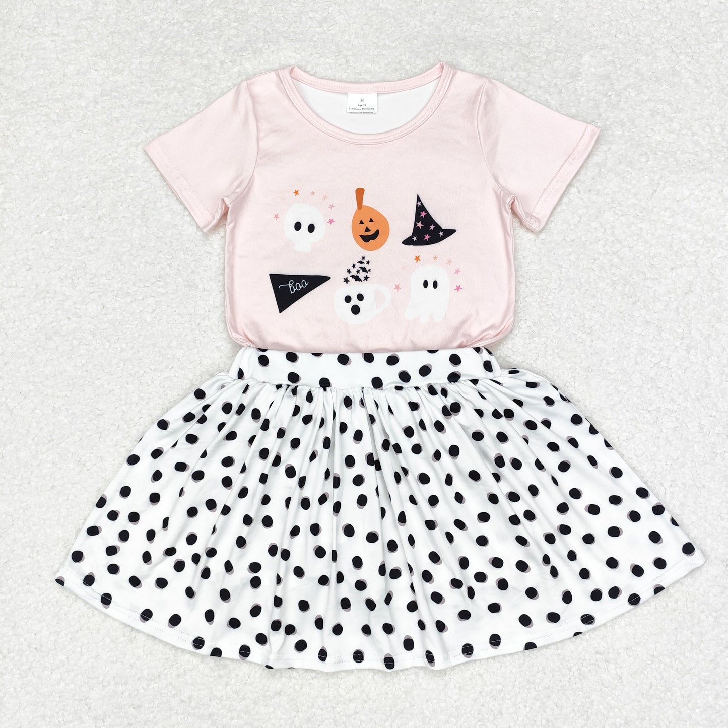GSD1407 Ghost Pink Top Dots Skirts Girls Halloween Clothes Set