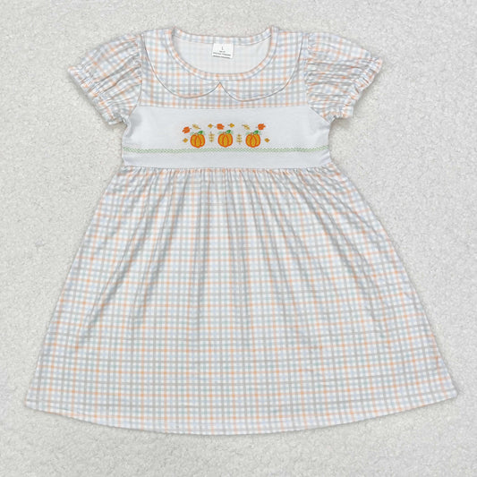 GSD1420 Pumpkin Embroidery Checkered Girls Knee Length Doll Collar Dress