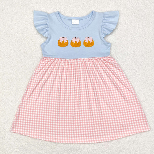 GSD1421 Pumpkin Embroidery Pink Checkered Girls Knee Length Dress