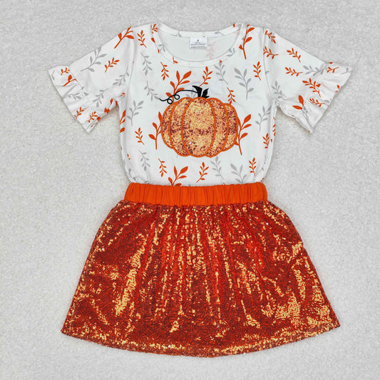 GSD1437 Pumpkin Embroidery Top Sequins Skirts Girls Fall Clothes Set