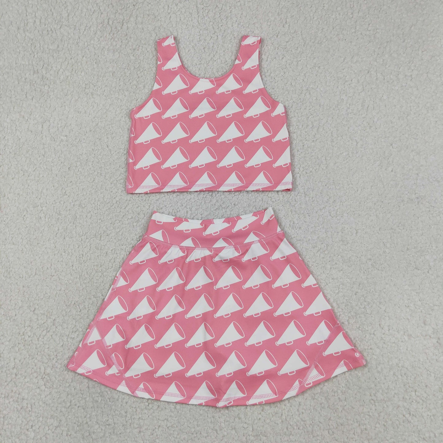 Girls Pink Megaphone Cheer Active Outfit - Crop Top & Skort Set