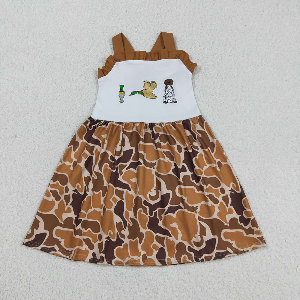 GSD1518 Duck Dog Embroidery Brown Camo Print Girls Summer Knee Length Dress