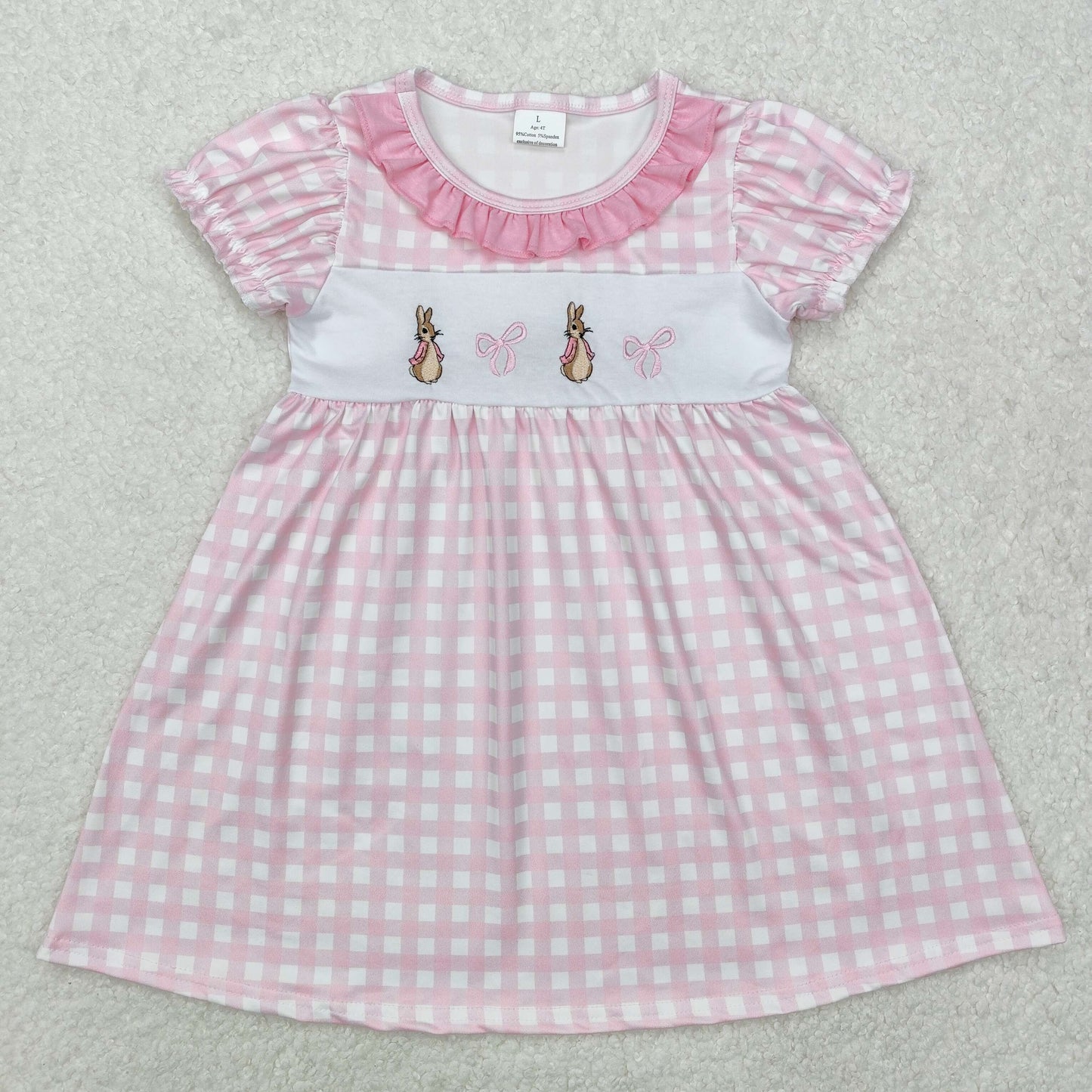 Sibling Baby Kids Embroidery Bows Rabbits Button Easter Polo Shirt Knee Length Dress Rompers