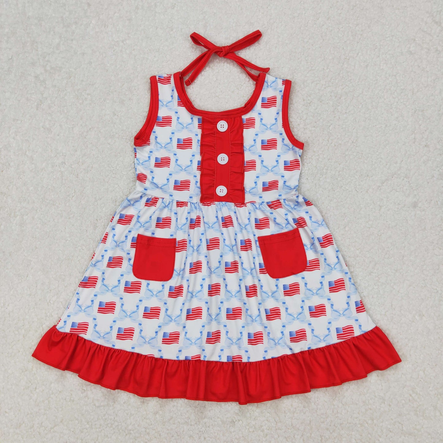 GSD1625 Flag Bows Pockets Girls 4th of July Sleeveless Dress