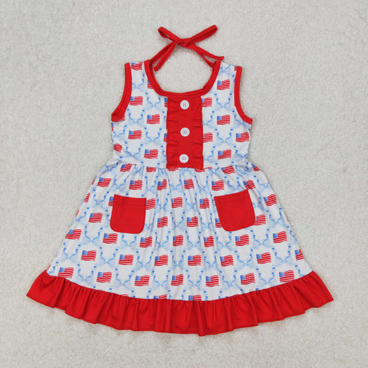 GSD1625 Flag Bows Pockets Girls 4th of July Sleeveless Dress