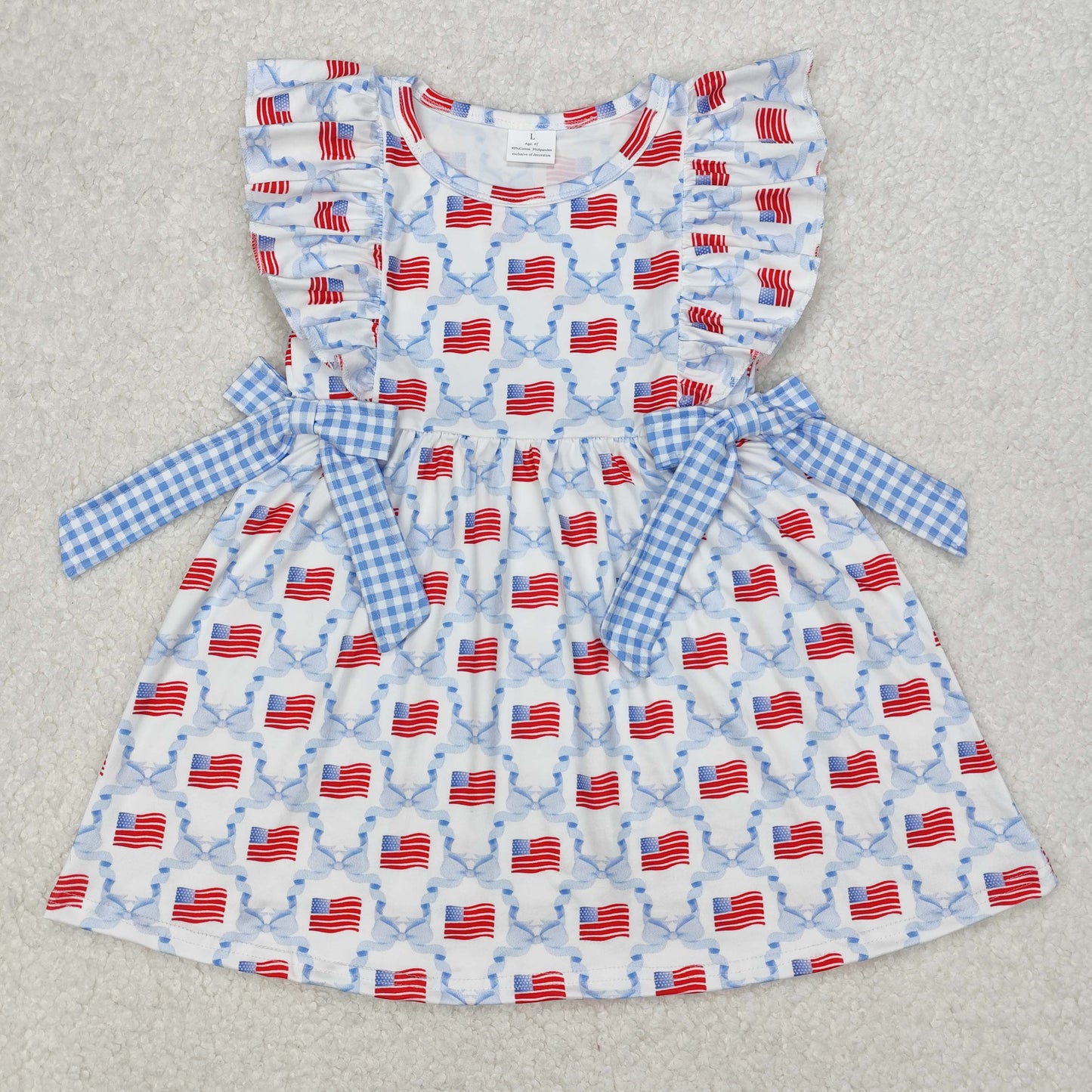 Sibling Baby Girls Flutter Sleeve Flags Bows Stars 4th of July Ruffle Knee Length Dresses