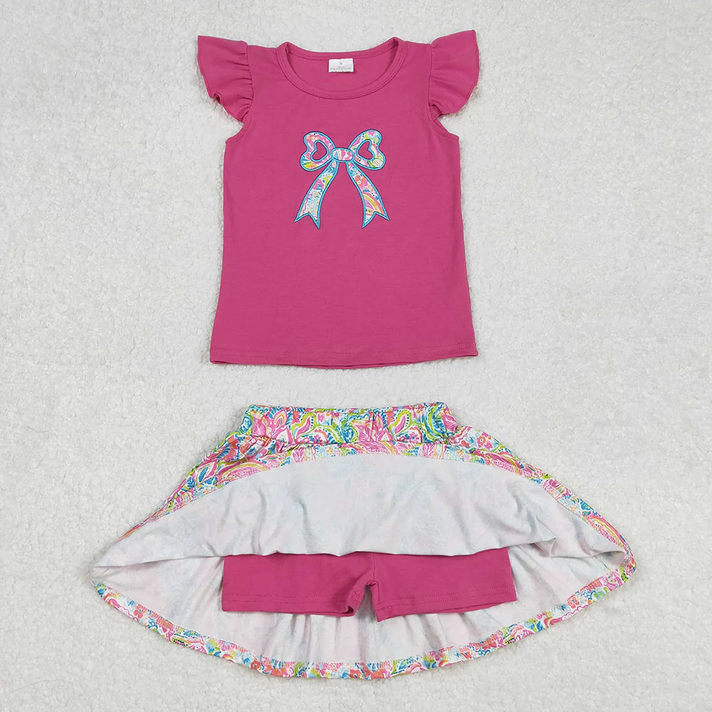 Sibling Embroidery Baby Girls Navy Bow Shirts Shorts Skirt Outfit