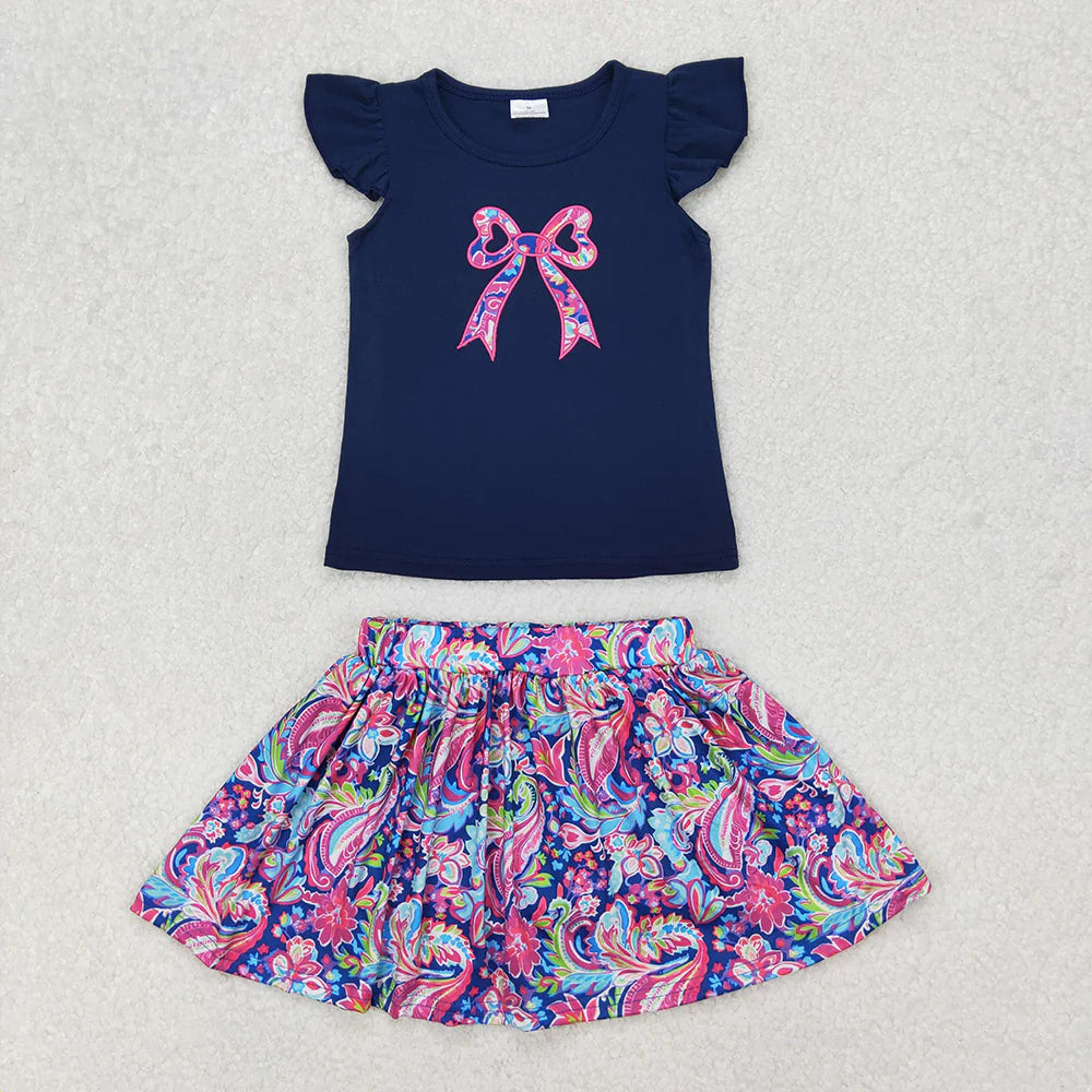 Sibling Embroidery Baby Girls Navy Bow Shirts Shorts Skirt Outfit