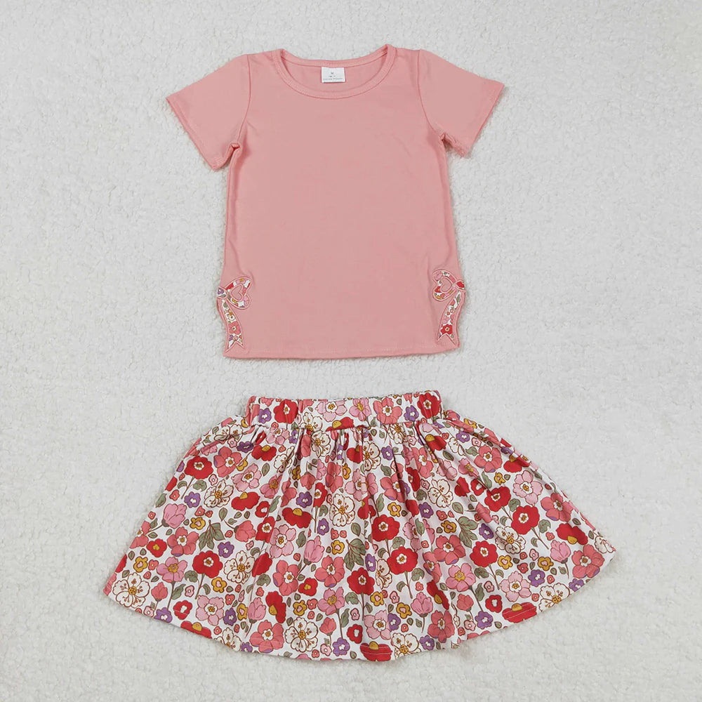 Sibling Embroidery Baby Girls Bow Top Flowers Skort Skirts Outfits