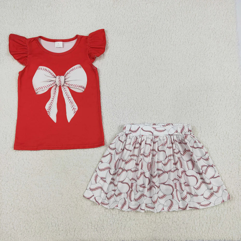 Baby Girls Red Bow Shirt Baseball Skirts Clothes Sets