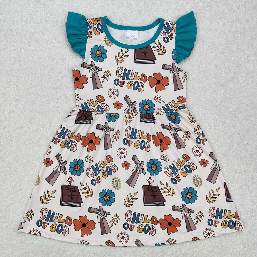 GSD1742 Child of God Cross Flowers Print Girls Easter Knee Length Dress