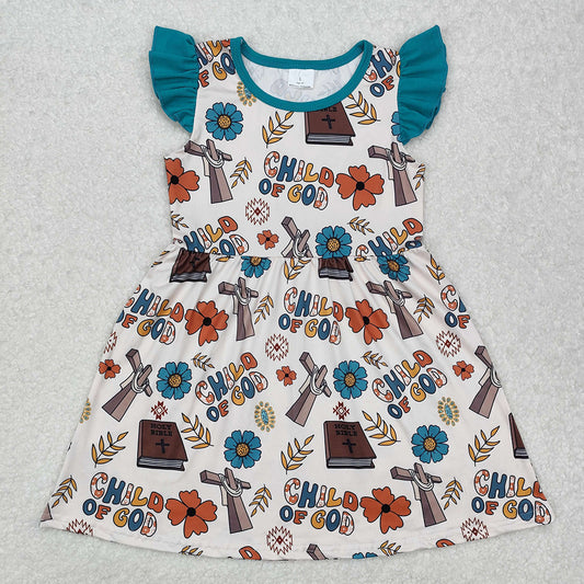 GSD1742 Child of God Cross Flowers Print Girls Easter Knee Length Dress