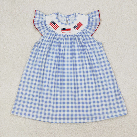 GSD1817  Flag Embroidery Blue Plaid Girls 4th of July Smocked Dress