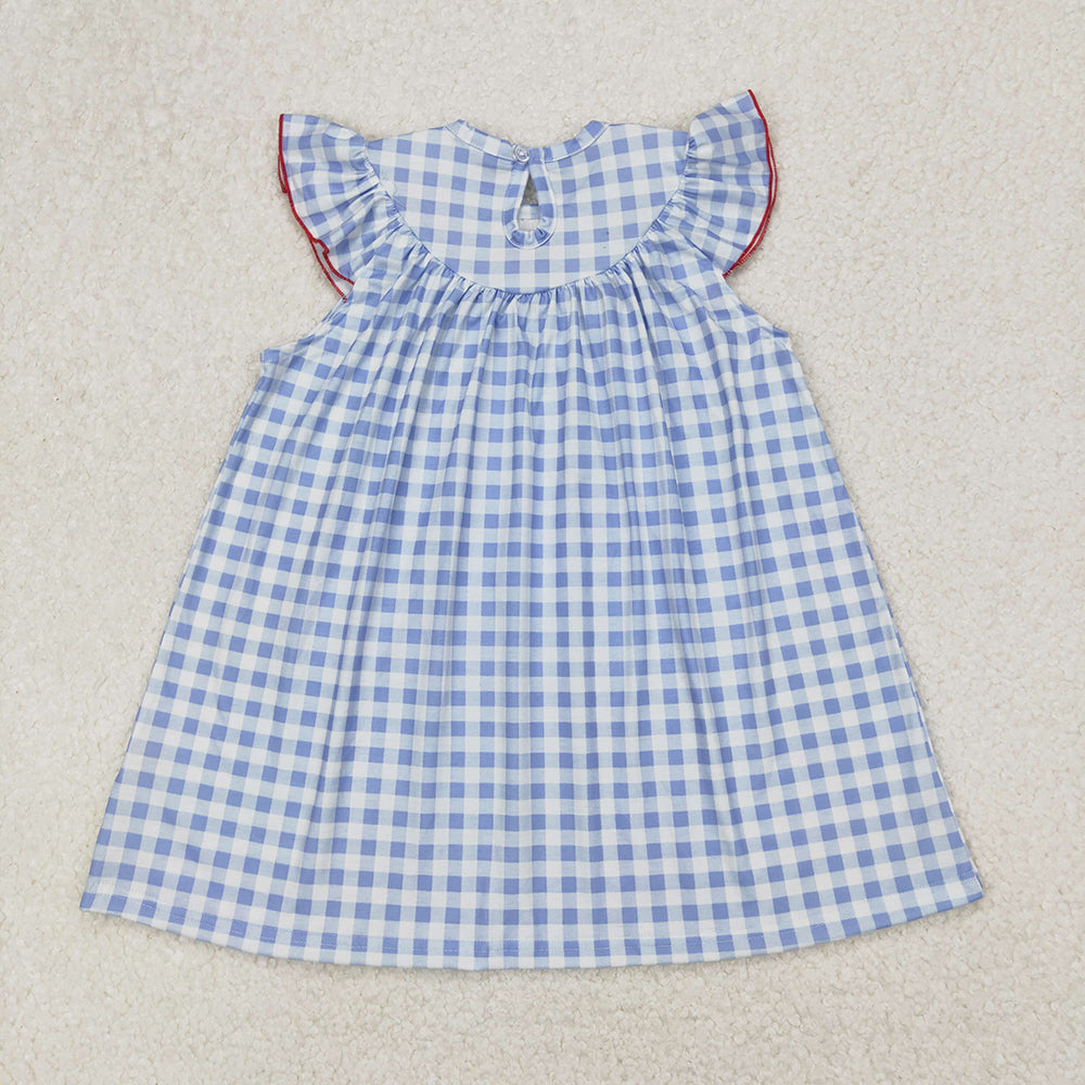 GSD1817  Flag Embroidery Blue Plaid Girls 4th of July Smocked Dress