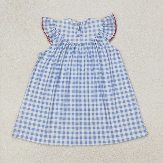 GSD1817  Flag Embroidery Blue Plaid Girls 4th of July Smocked Dress