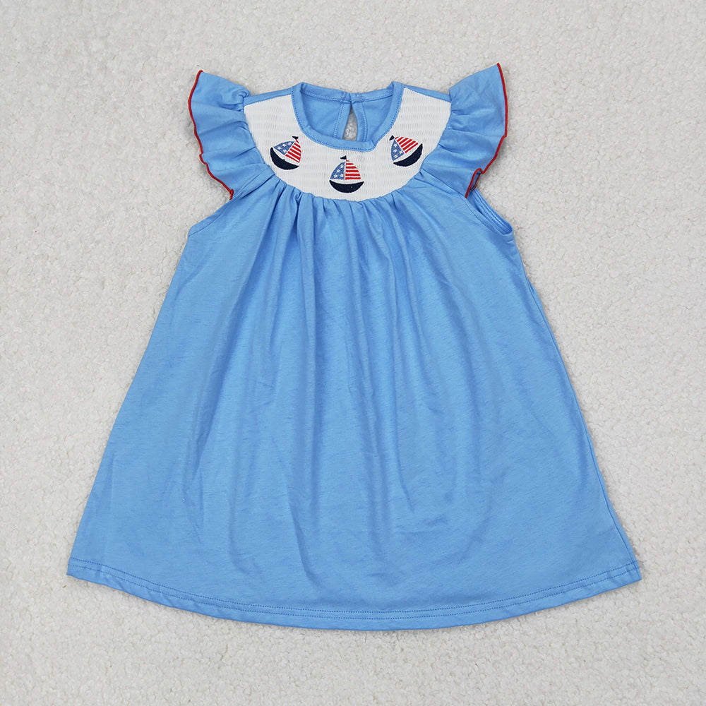 GSD1818 Flag Sailboat Embroidery Blue Cotton Girls 4th of July Smocked Dress