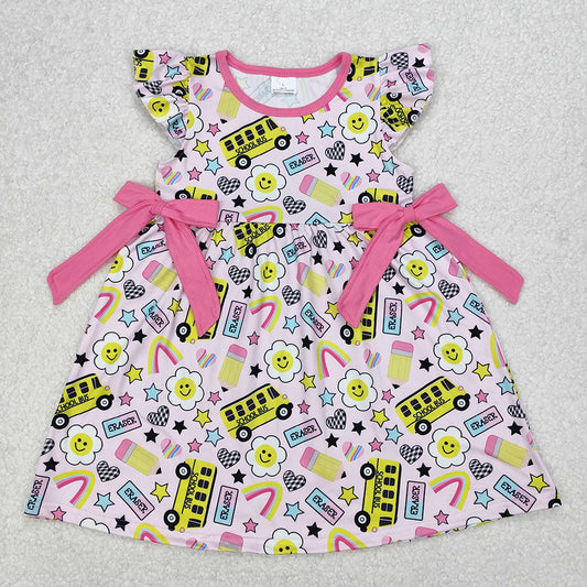 GSD1822 Smiling Flowers Pen Bows Girls Back to School Dress