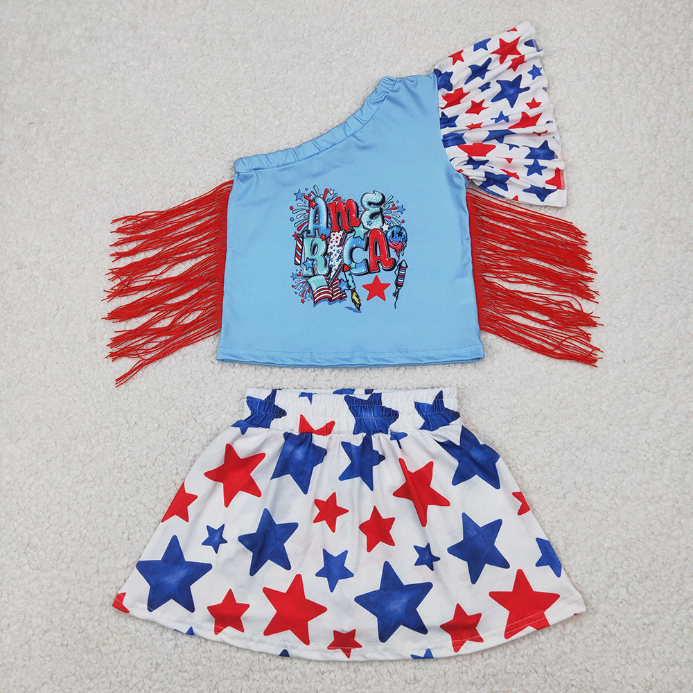GSD1836 AMERICA Tassel Top Stars Skort Baby Girls 4th of July Clothes Sets