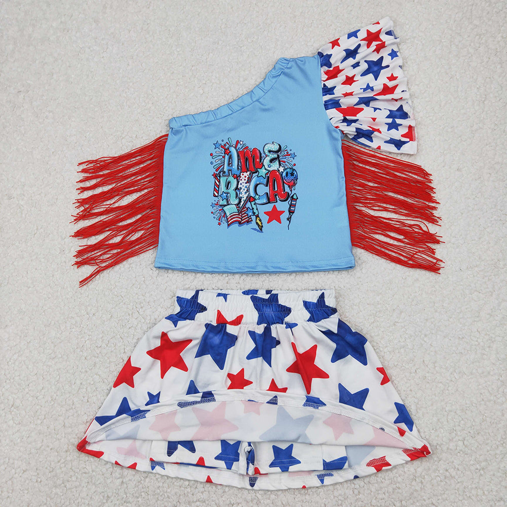 GSD1836 AMERICA Tassel Top Stars Skort Baby Girls 4th of July Clothes Sets