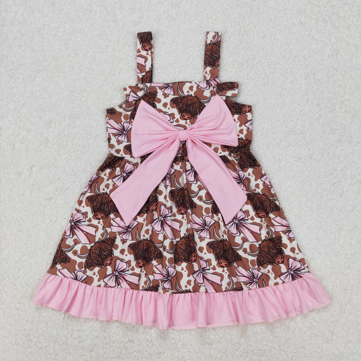 Sibling Baby Girls Strap Bows Cows 4th of July Western Ruffle Knee Length Dresses