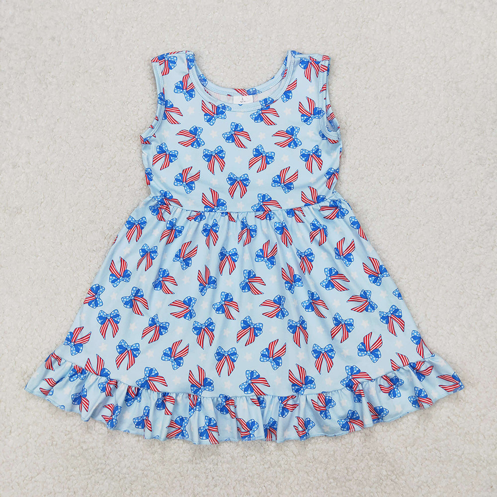 GSD1965 Stars Bows Print Girls 4th of July Knee Length Sleeveless Dress