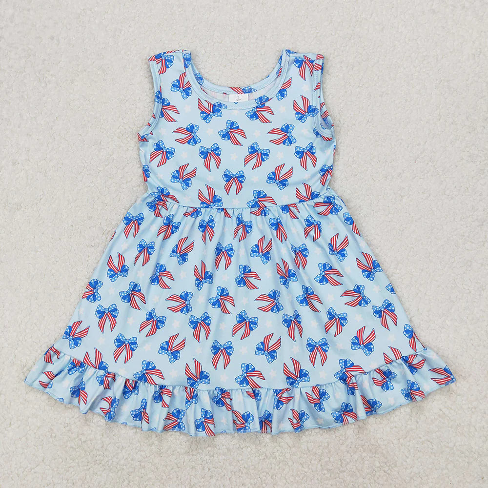 Sibling Baby Girls 4th Of July Bows Sleeveless Rompers Dresses