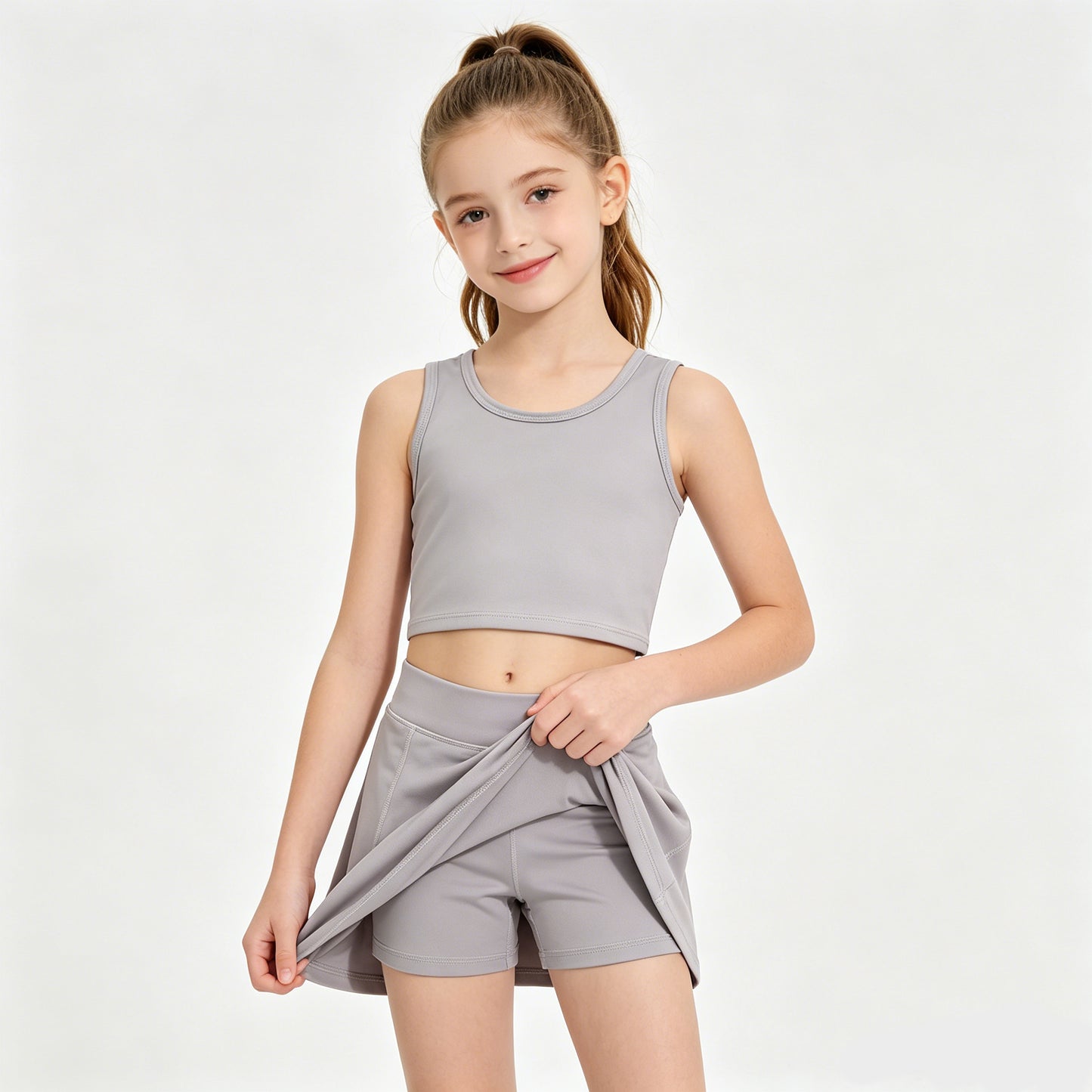 Girls Mint Grey Tank & Skort Set - Kids Solid Color Active Outfit