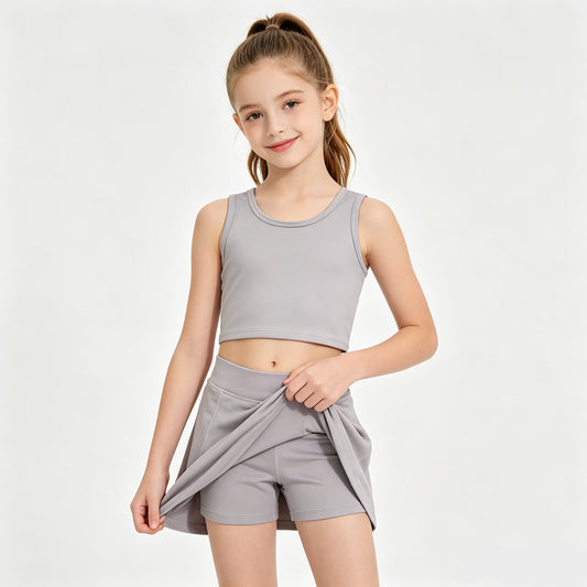 Girls Mint Grey Tank & Skort Set - Kids Solid Color Active Outfit
