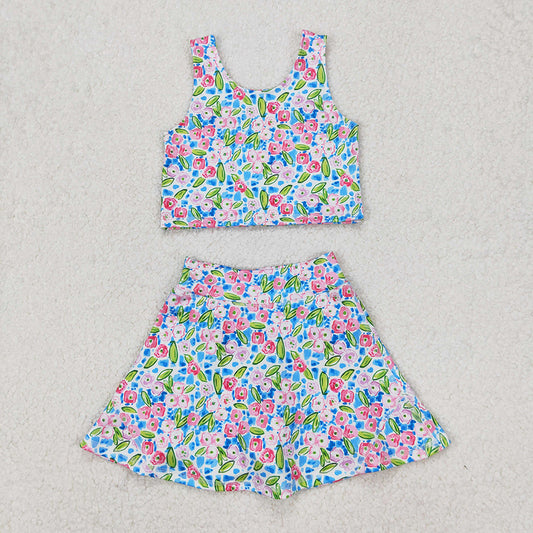 GSD1988 Small Pink Blue Flowers Tank Top Skirts Shorts Girls Yoga Clothes Set