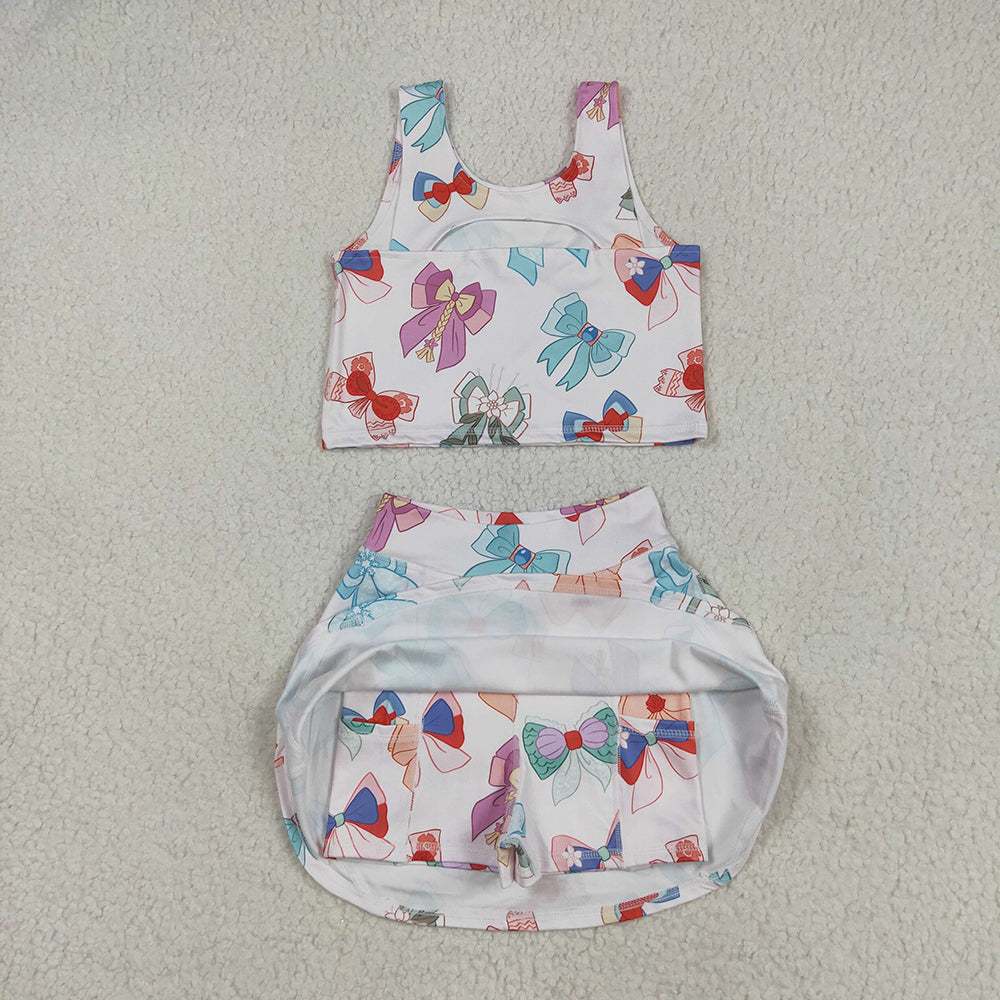 GSD2046 Cartoon Princess Bows Tank Top Skirts Shorts Girls Summer Yoga Clothes Set