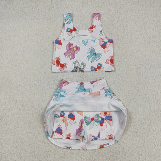 GSD2046 Cartoon Princess Bows Tank Top Skirts Shorts Girls Summer Yoga Clothes Set