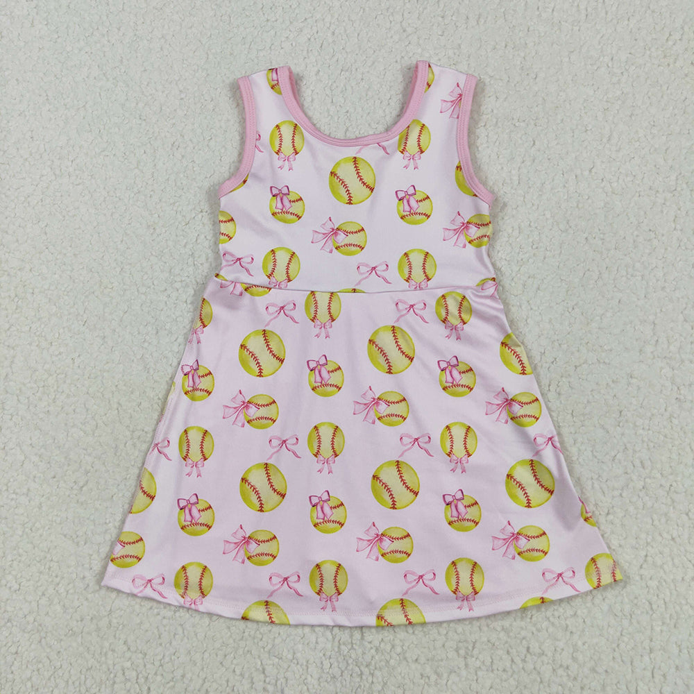 GSD2048 Softball Bows Print Girls Summer Shorts Knee Length Yoga Dress