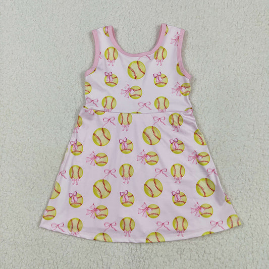 GSD2048 Softball Bows Print Girls Summer Shorts Knee Length Yoga Dress
