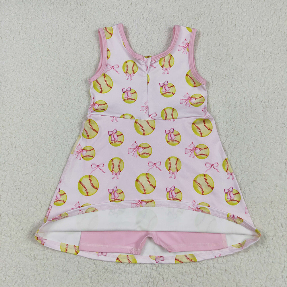 GSD2048 Softball Bows Print Girls Summer Shorts Knee Length Yoga Dress