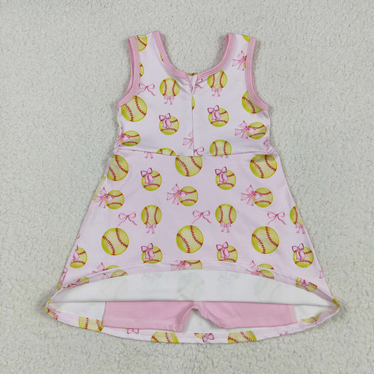 GSD2048 Softball Bows Print Girls Summer Shorts Knee Length Yoga Dress