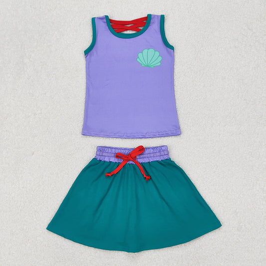 GSD2064  Shell Purple Print Vest Top Skirts Shorts Girls Summer Cartoon Princess Clothes Set