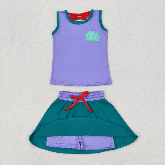 GSD2064  Shell Purple Print Vest Top Skirts Shorts Girls Summer Cartoon Princess Clothes Set