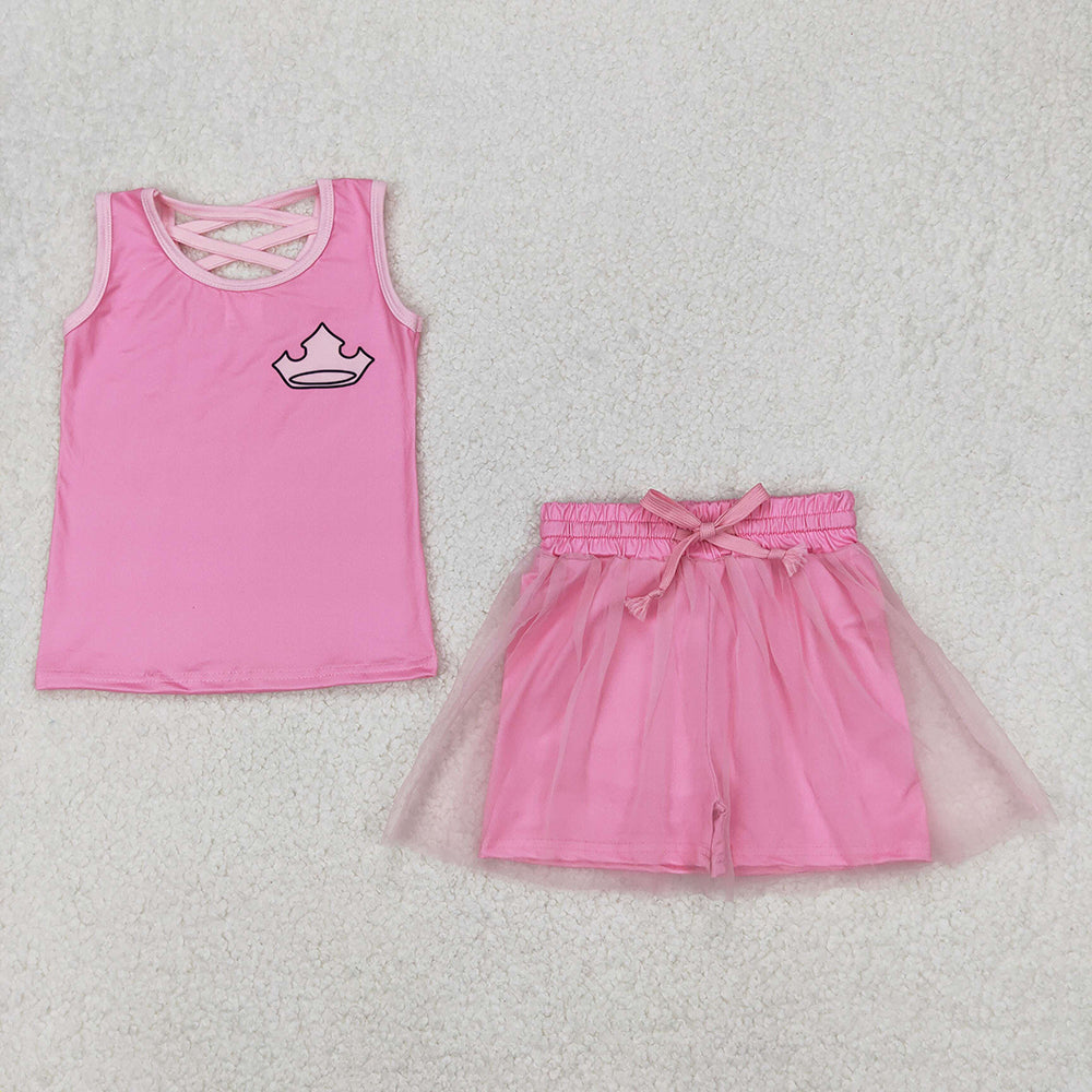 GSD2066  Crown Pink Print Vest Top Tulle Skirts Shorts Girls Summer Cartoon Princess Clothes Set