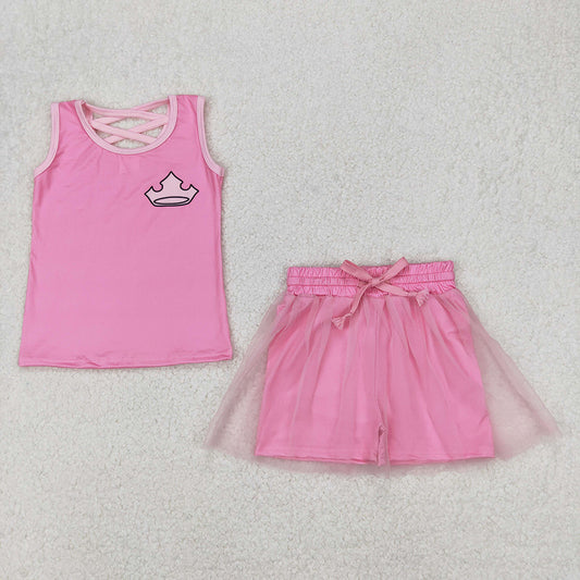 GSD2066  Crown Pink Print Vest Top Tulle Skirts Shorts Girls Summer Cartoon Princess Clothes Set