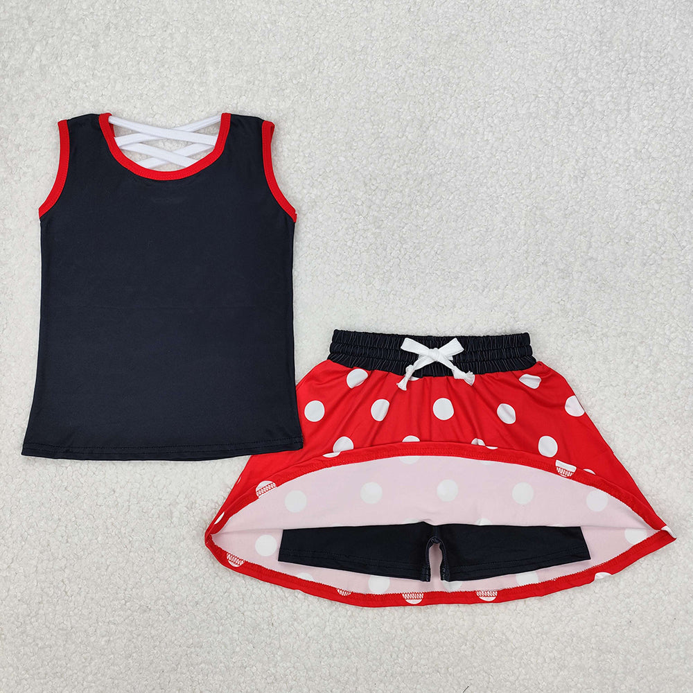 GSD2069  Bow Black Print Vest Top Dots Skirts Shorts Girls Summer Cartoon Mouse Clothes Set