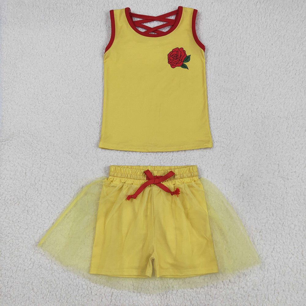 GSD2070  Rose Yellow Print Vest Top Tulle Skirts Shorts Girls Summer Cartoon Princess Clothes Set